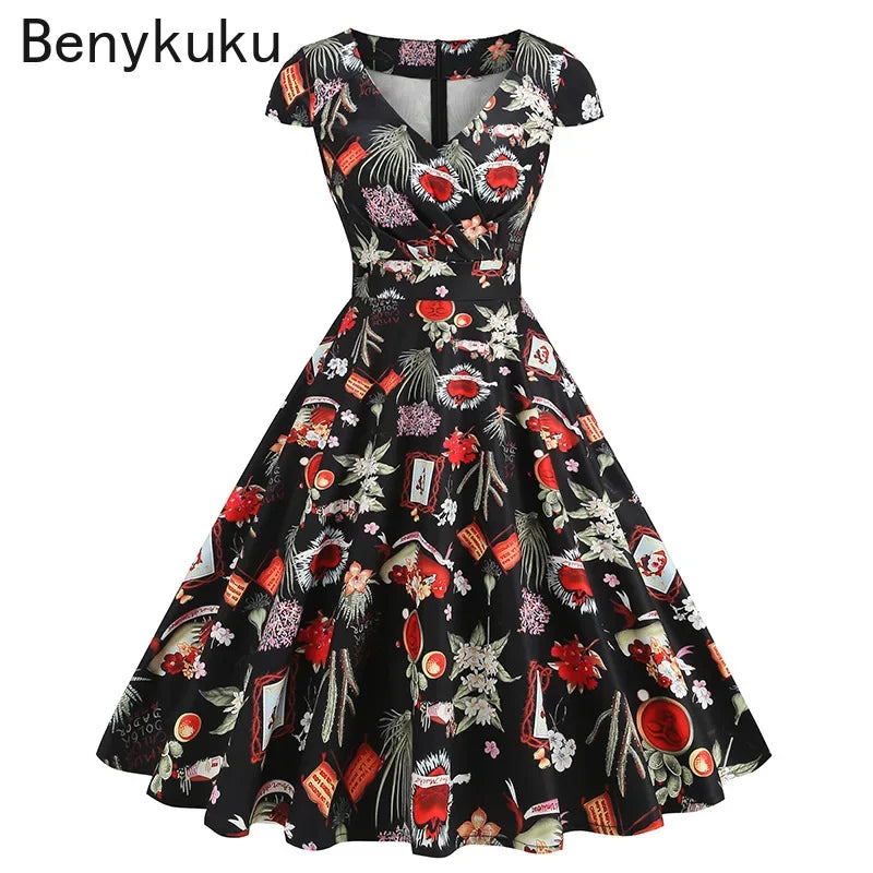Print Cherry Sunflower 50s 60s Pin Up Rockabilly Dress 2025 V Neck Summer Clothes Women Hepburn Vintage Swing  Party Dresses