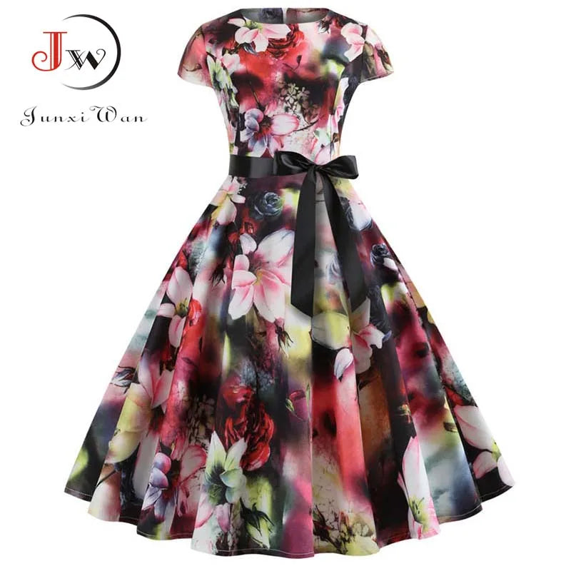 Women Floral Print Summer Dress 50s 60s Vintage Dress Female Short Sleeve Retro Robe Rockabilly Party Dresses Vestidos