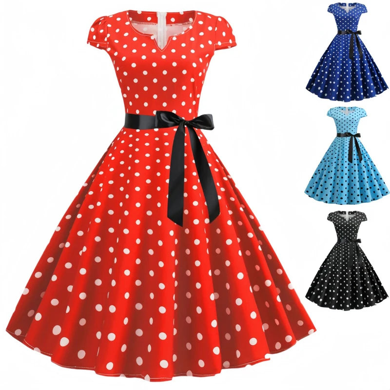 Women Vintage 1950s 60s  Polka Dot Big Swing Dress Aesthetic Bowknot Sash Belt Gown Pinup Rockabilly Party Sundress Elegant Robe