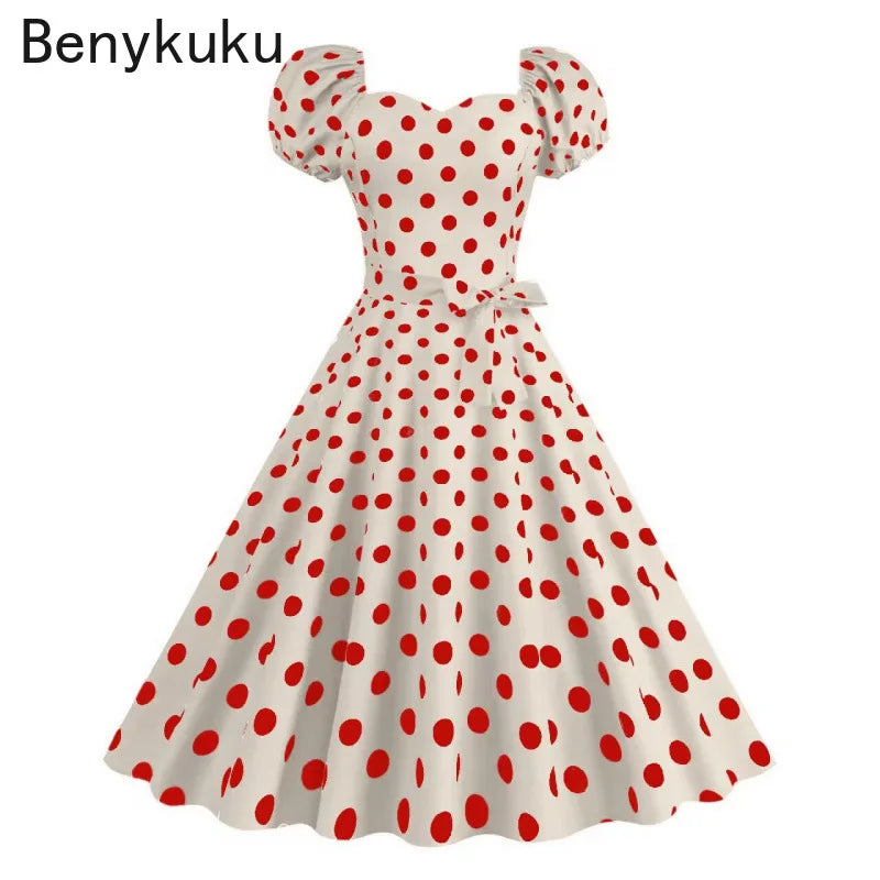 Retro Red Polka Dot Summer Dress Audrey Hepburn Vintage Swing Clothes Puff Sleeve 50s 60s Pin Up Rockabilly Dresses Robe Femme