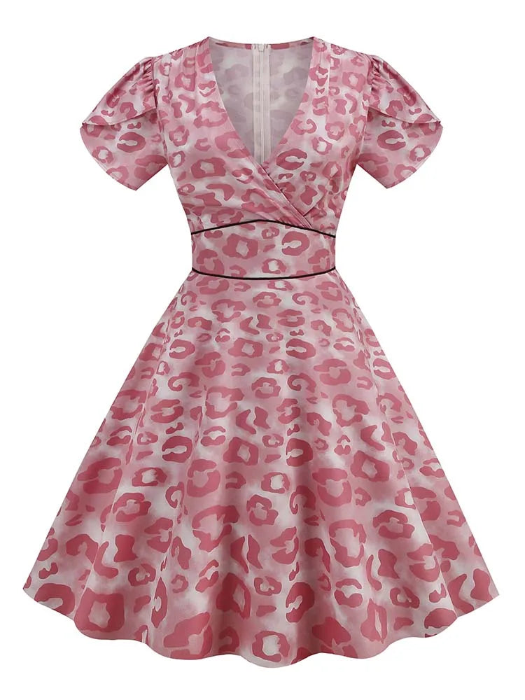 Print Summer Women Vintage Dress Retro Pin UP Casual Party Robe 60s 50s Swing Sundress Short Sleeve V Neck Midi Vestidos