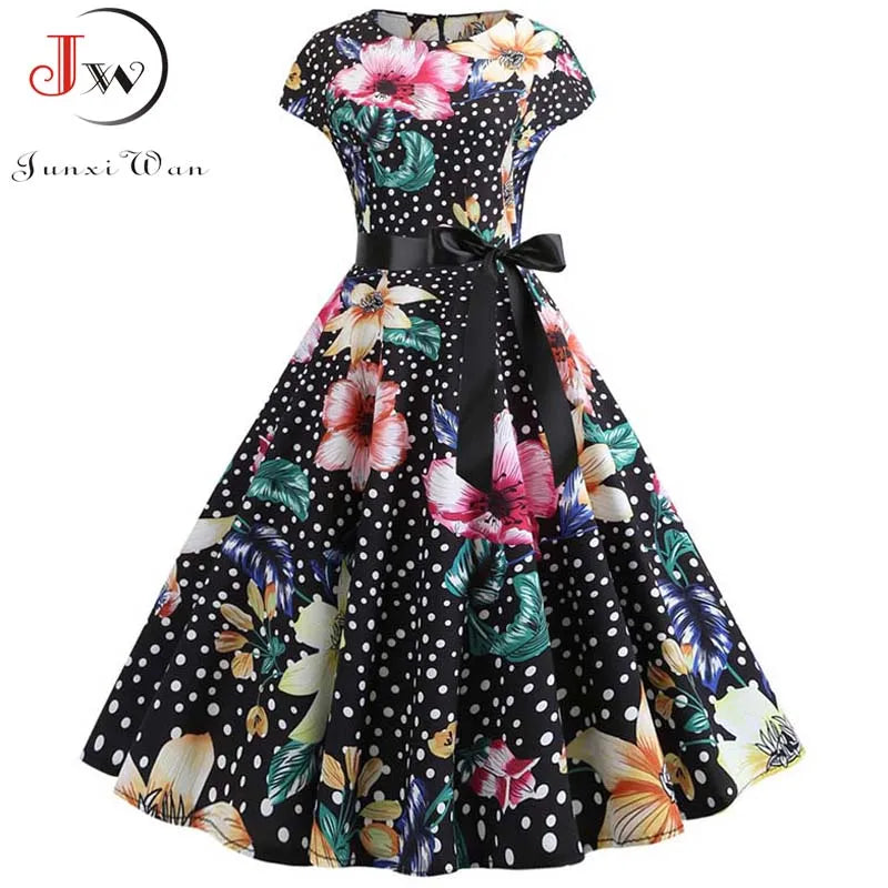 Women Floral Print Summer Dress 50s 60s Vintage Dress Female Short Sleeve Retro Robe Rockabilly Party Dresses Vestidos