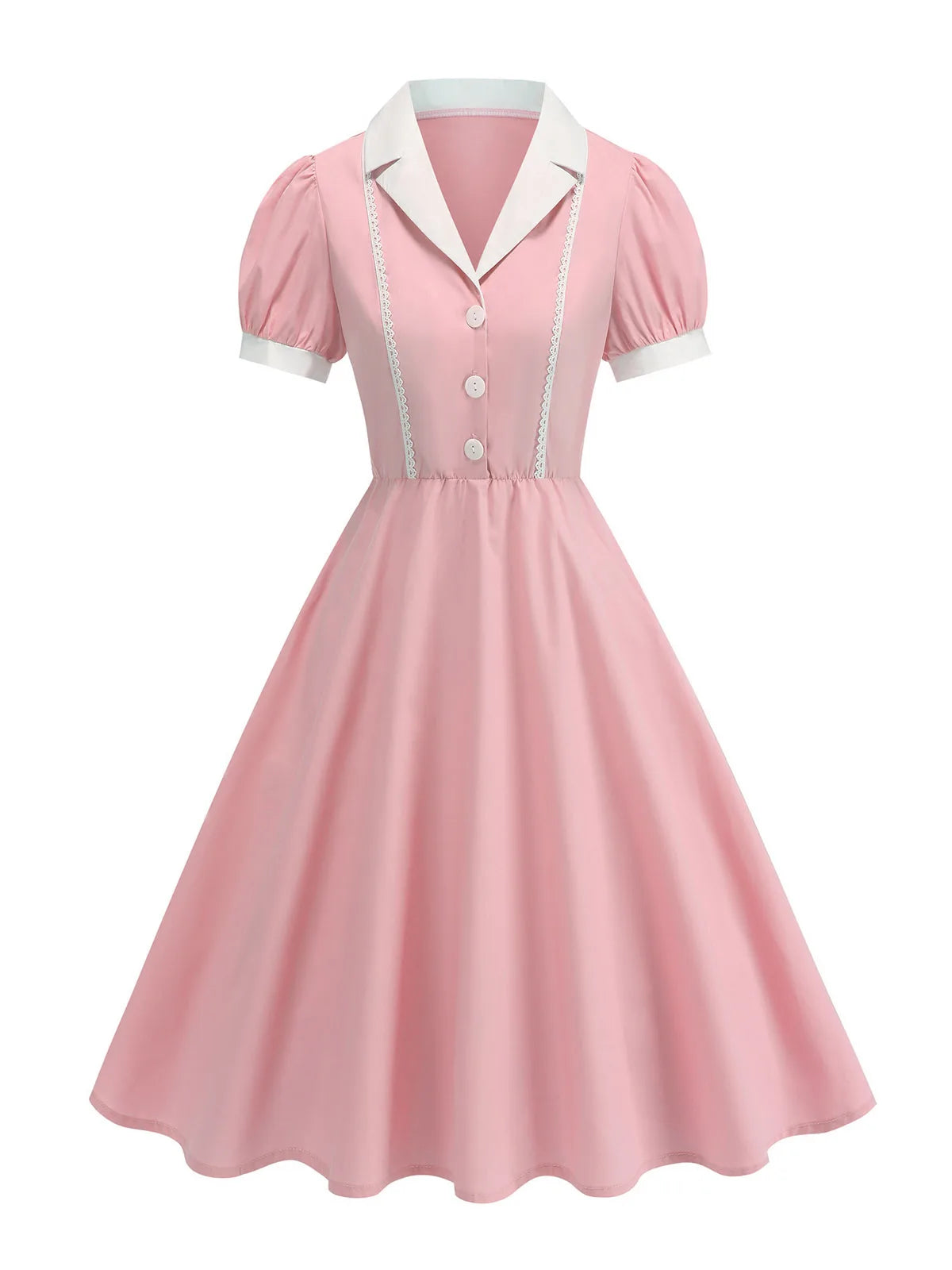 Tonval Notched Collar Puff Sleeve 1950s Pinup Vintage Dress Buttons Front Women 2026 Summer Clothes Lace Detail Swing Dresses