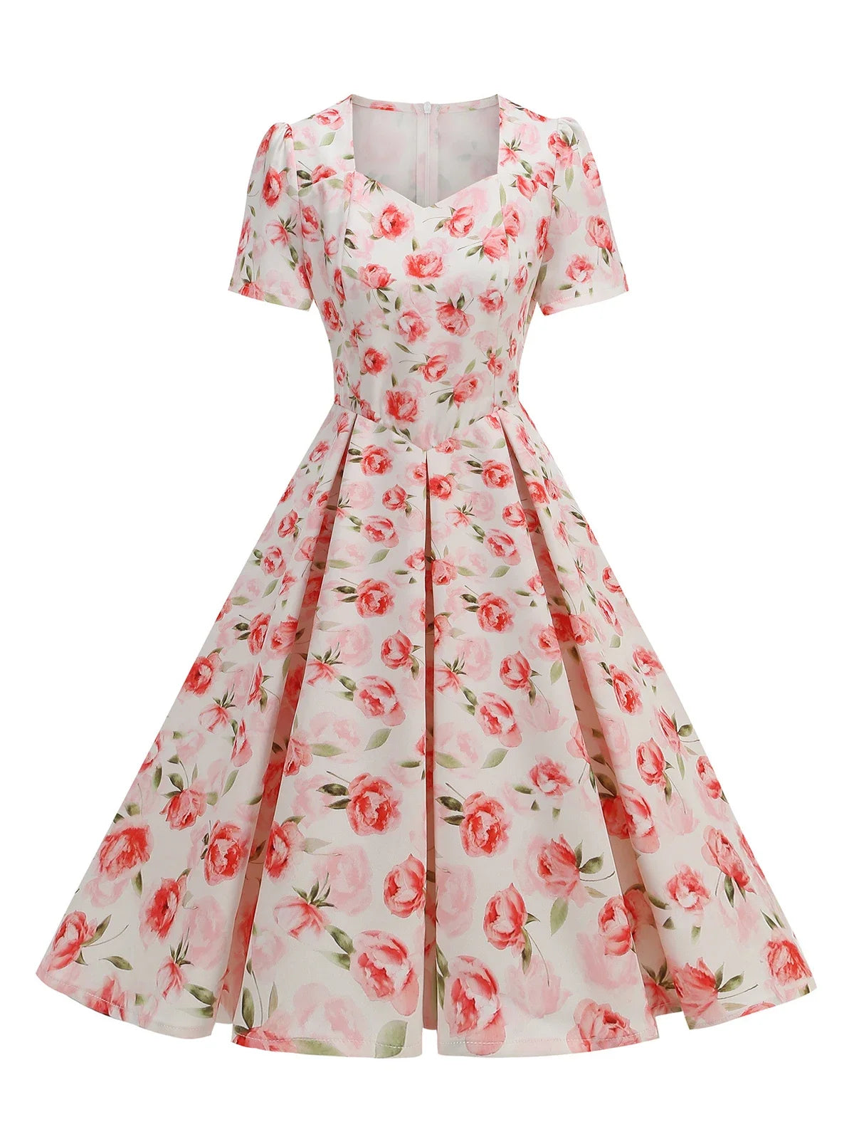 Floral Print Sweetheart Neck Women Dresses for Summer Knee Length Elegant Pleated Dress Vintage 1950s Pinup Retro Clothes 2025