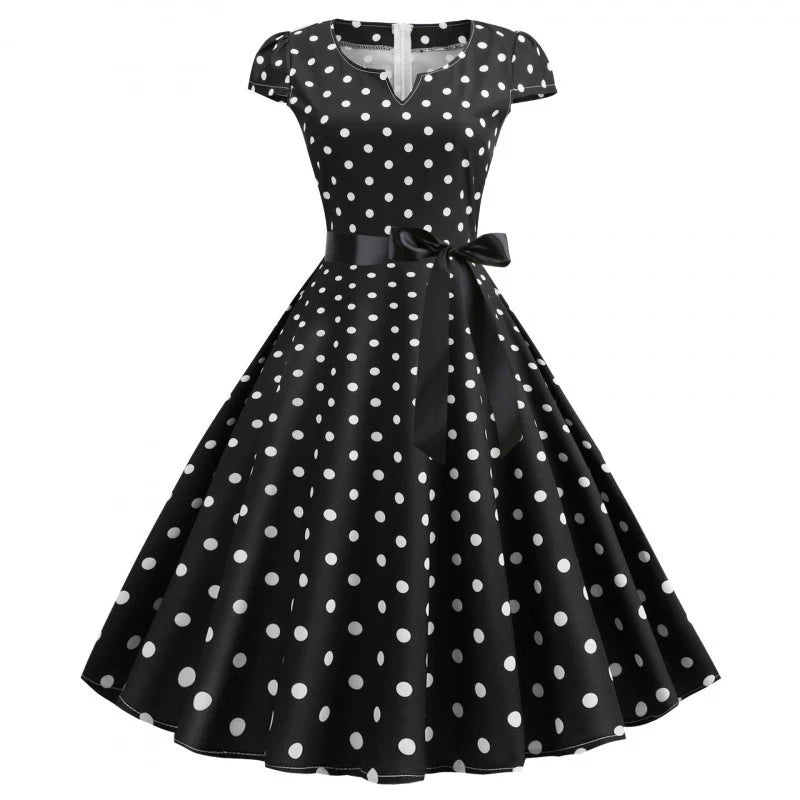 Women Vintage 1950s 60s  Polka Dot Big Swing Dress Aesthetic Bowknot Sash Belt Gown Pinup Rockabilly Party Sundress Elegant Robe