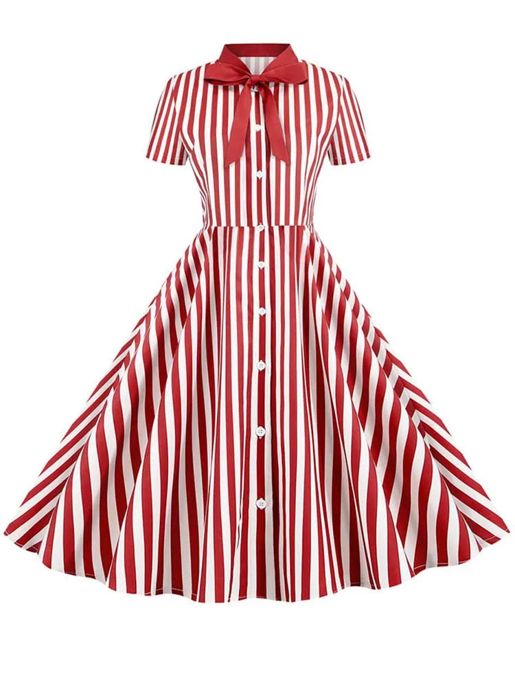 Black Polka Dot Print Summer Dress for Women Short Sleeve Striped Bow Elegant Vintage 50s Pin up Party Vestidos