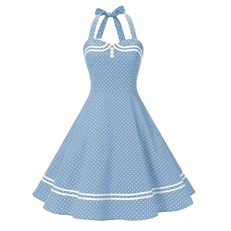 Vintage Halter Yellow Dress Sexy Retro Robe Femme Pin Up Rockabilly Party Dress Big Swing Vestidos Summer Clothes for Women 2025