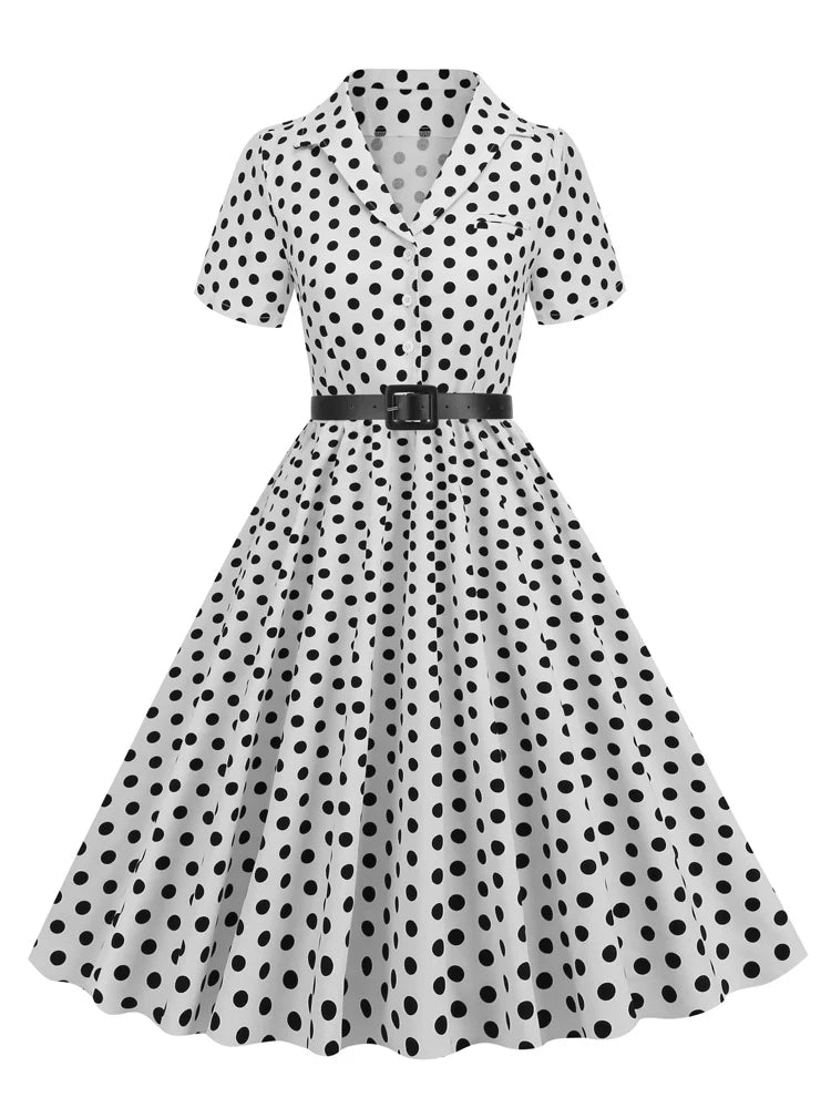 Tonval Polka Dot 50s Pinup Robe Button Up Pleated Vintage Style Dress Women Elegant Belted Ladies Rockabilly Long Dresses