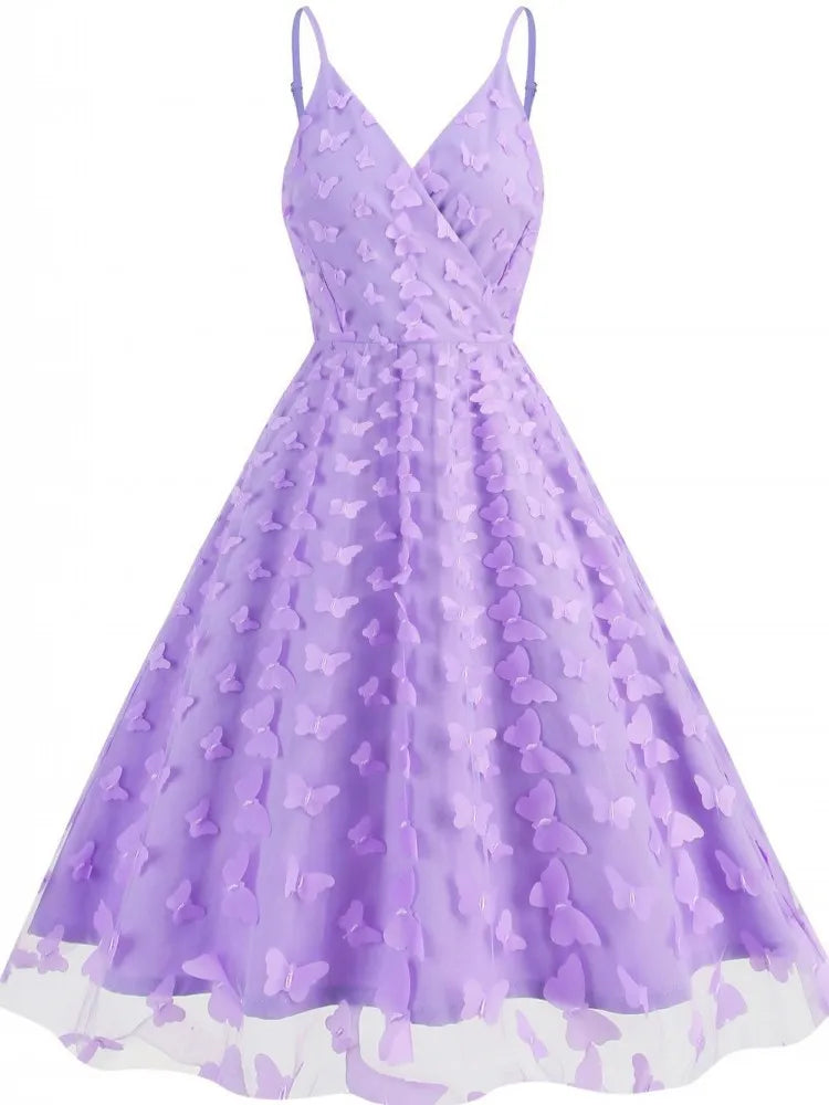 Pink Summer Dress Women V Neck Vintage Robe Elegant Retro Pin Up Party Office Spaghetti Strap Mesh Rockabilly Midi Dresses