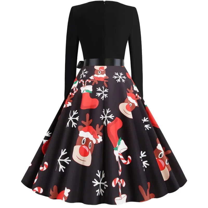2025 New Vintage Women Long Sleeve Winter Dresses Retro Sexy Black Music Note Print V-neck Rockabilly Pin Up Party Dress Vestido