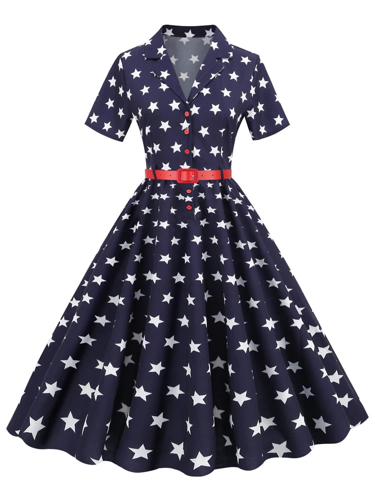 Tonval Notched Collar Button Up Star Print Summer Dress 2023 Women Short Sleeve Belted 50s 60s Pinup A-Line Vintage Dresses