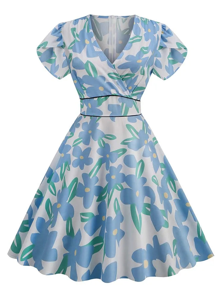 Print Summer Women Vintage Dress Retro Pin UP Casual Party Robe 60s 50s Swing Sundress Short Sleeve V Neck Midi Vestidos