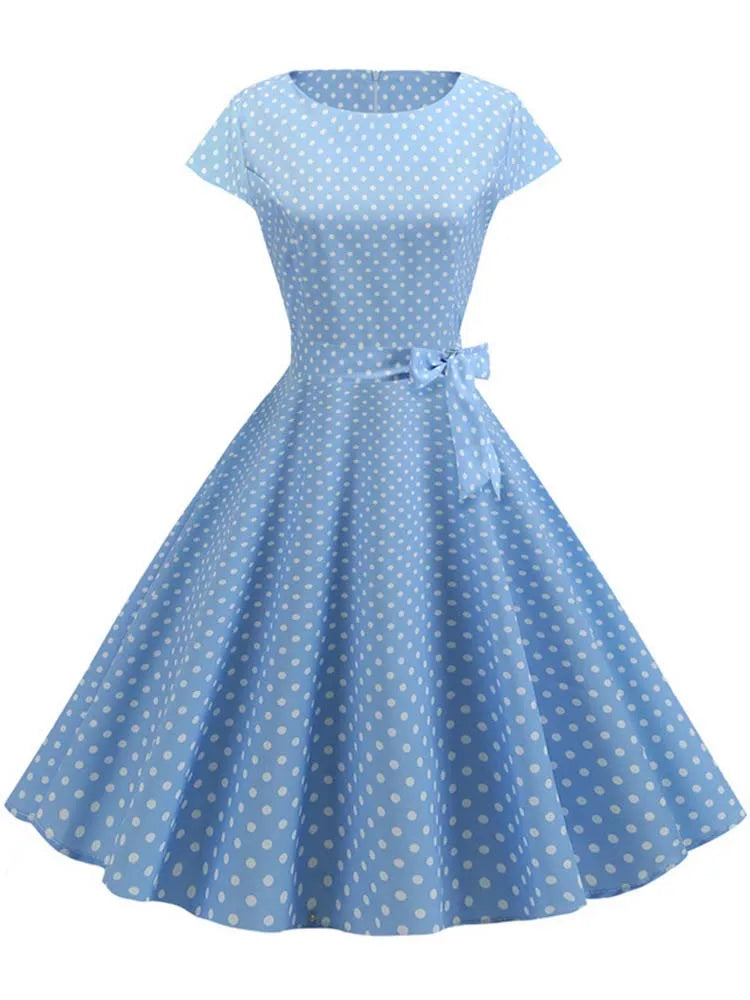 Summer Polka Dot Dress Women Elegant Short Sleeve A-Line Midi Party Dress Sundress Robe Rockabilly Vestidos