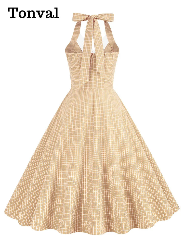 Tonval Button Up Plaid Vintage Fit and Flare Dress Summer Women Pinup Robe Halter Backless Evening Party Pockets Dresses