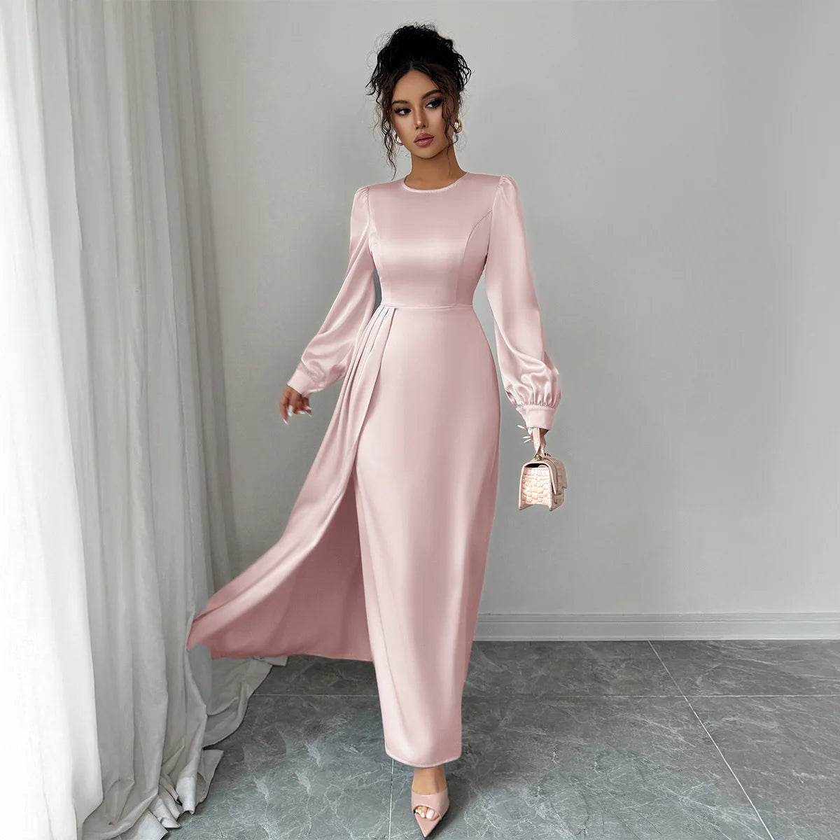 Women's Pink Satin Maxi Dress Long Puff Sleeve Round Neck High Waist Pleated Flare Skirt Formal Evening Party Wedding Guest Gown