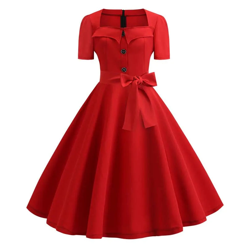 Women Summer Dress Elegant Retro Swing Pinup Casual Short Sleeve Red Party Midi Dresses With Belt