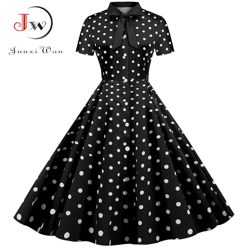 Black Polka Dot Print Summer Dress for Women Short Sleeve Striped Bow Elegant Vintage 50s Pin up Party Vestidos