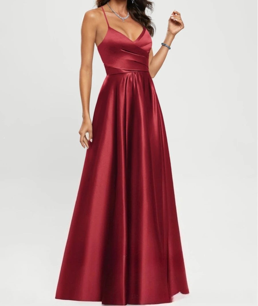 Classic Spaghetti Straps Side Split Back Lace Up Satin Long Bridesmaid Dress