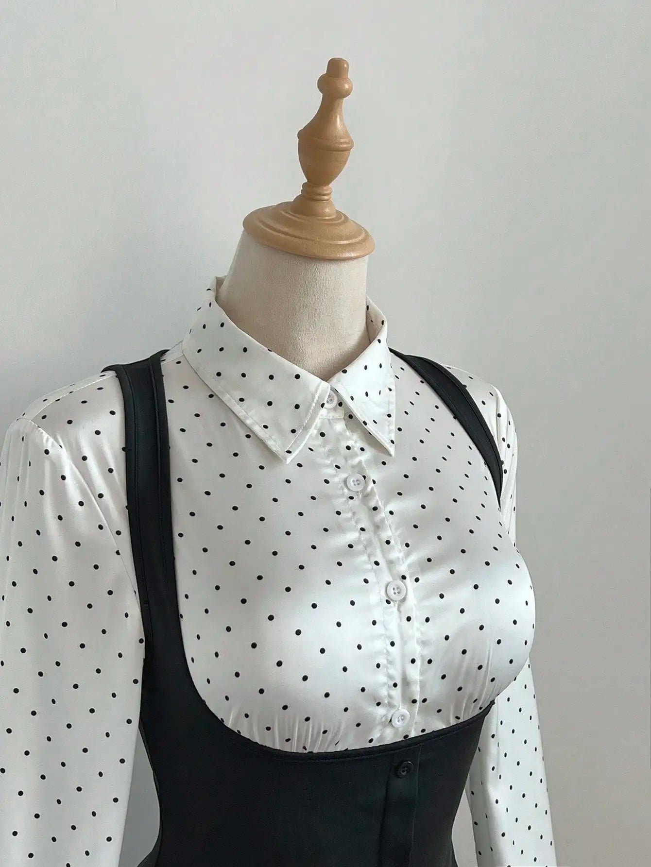 Women Satin Polka Dot Long Sleeve Shirt And Slip Dress 2-Piece Set