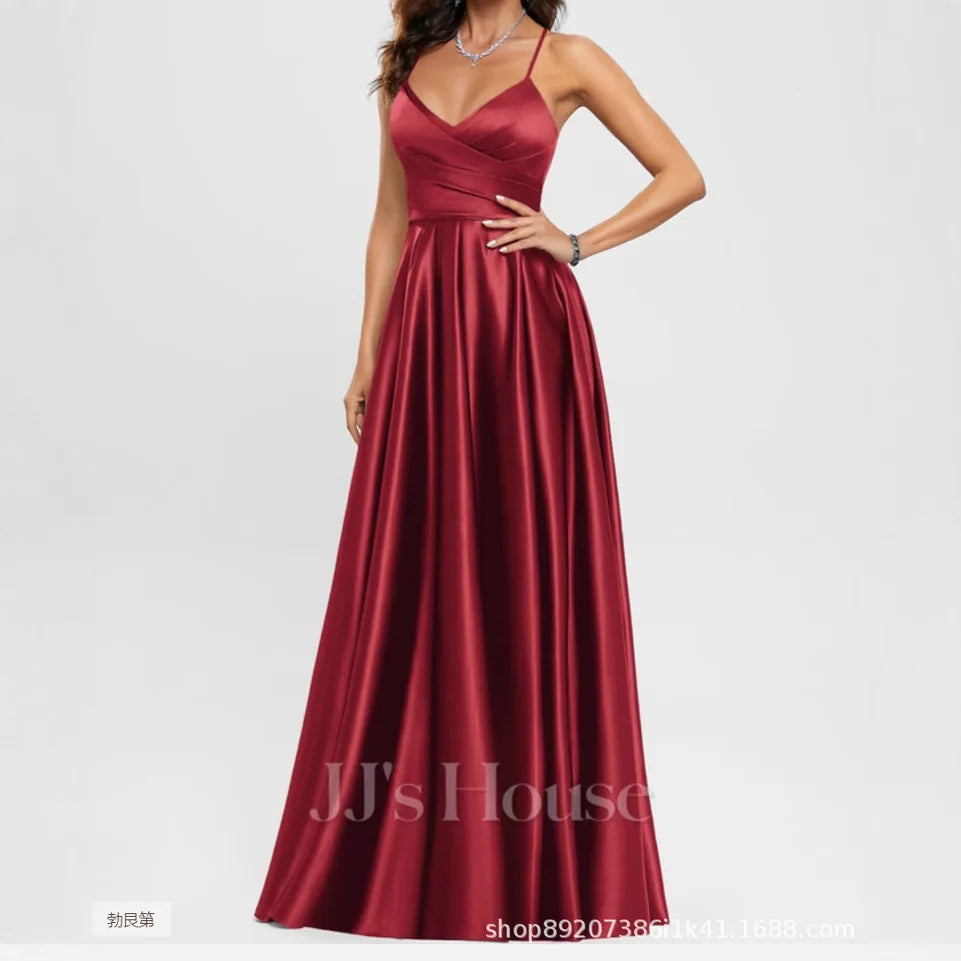 Classic Spaghetti Straps Side Split Back Lace Up Satin Long Bridesmaid Dress