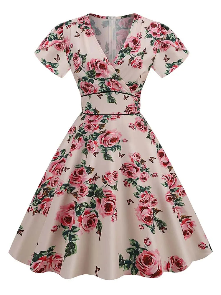 Print Summer Women Vintage Dress Retro Pin UP Casual Party Robe 60s 50s Swing Sundress Short Sleeve V Neck Midi Vestidos