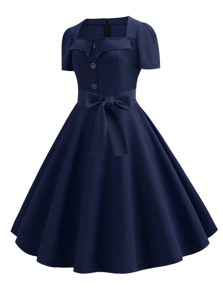 Women Summer Dress Elegant Retro Vintage 50s 60s Robe Rockabilly Swing Pinup Dresses Casual Red Party Vestidos