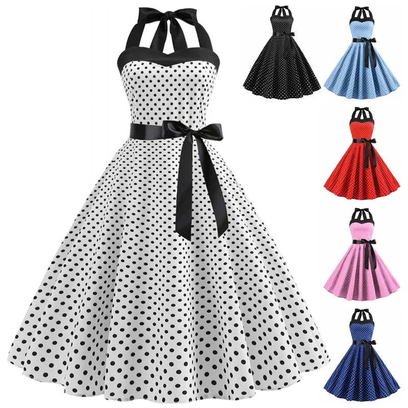 2025 New Spring Summer Sexy Retro White Polka Dot Dress Hepburn Women Vintage Halter Party Dresses 1950s Pin Up Rockabilly Robe