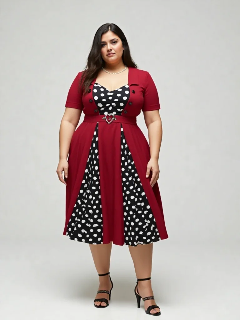 ROSEGAL Plus Size Womens 1950s Retro Vintage Dresses Polka Dot Mock Buttons Heart Buckle Ruched Rockabilly Cocktail Party Dress