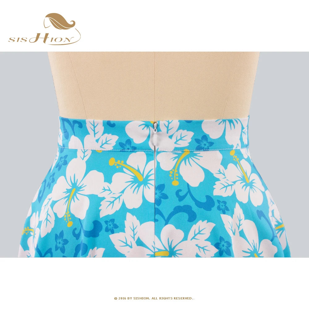 SISHION High Waist Blue Flower Printed Floral Skirt VD0020 Cotton A Line Pin Up 1950s 60s Rockabilly Vintage Skirts