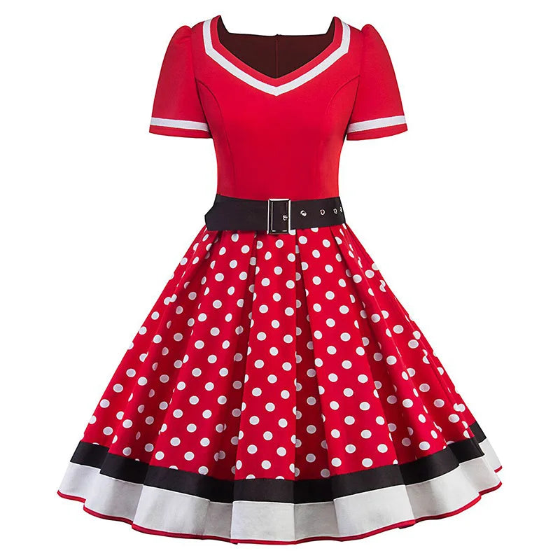 2024 New Vintage Polka Dot Print Dress Retro Rockabilly Robe Femme Women V-Neck A-Lined Swing Hepburn Pin Up 50s Party Vestidos