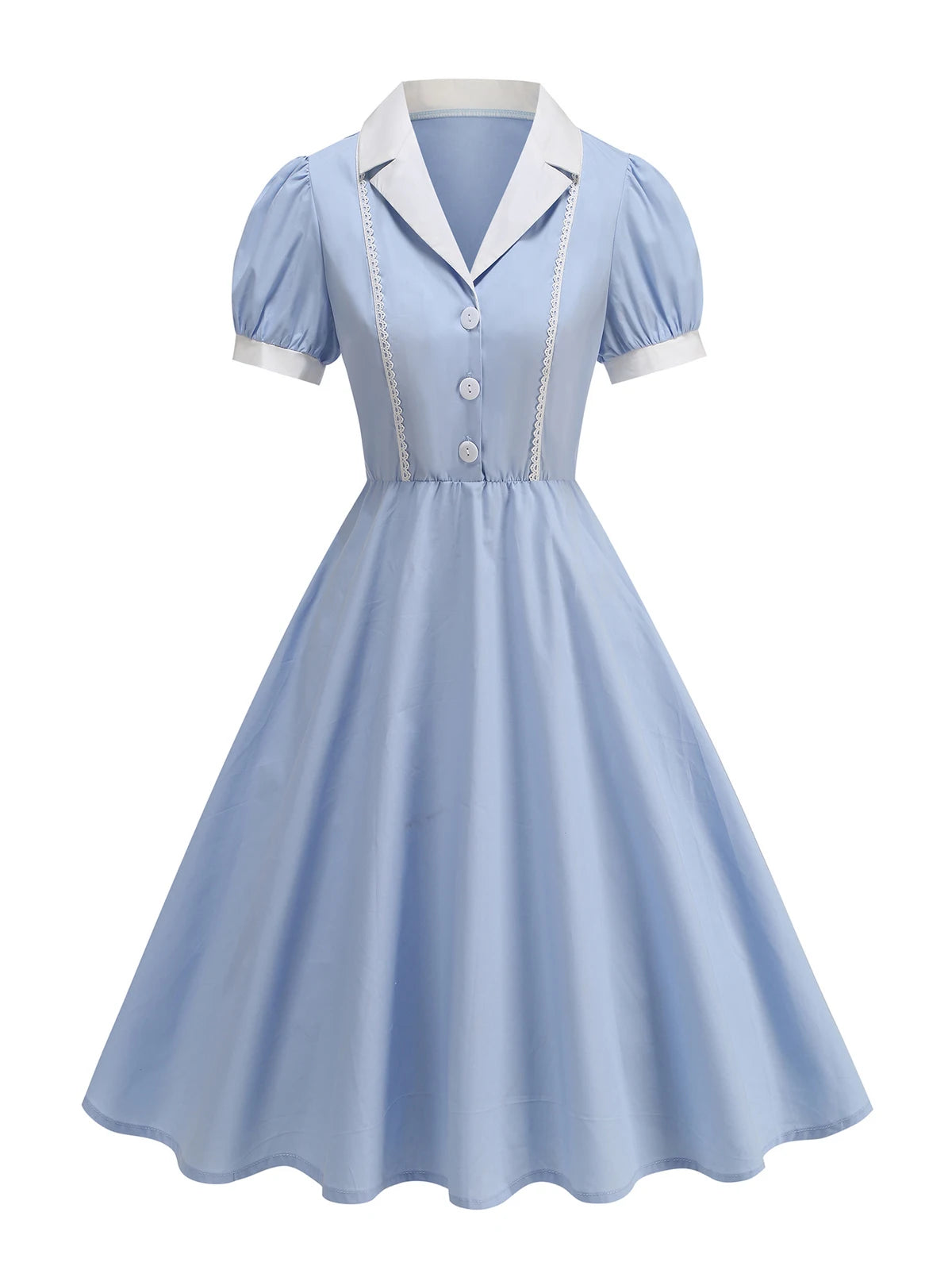 Tonval Notched Collar Puff Sleeve 1950s Pinup Vintage Dress Buttons Front Women 2026 Summer Clothes Lace Detail Swing Dresses