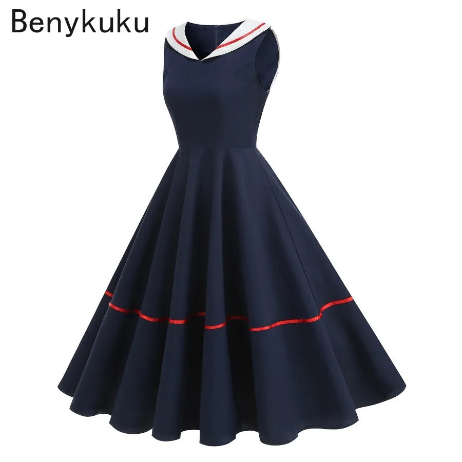Preppy Style  Sailor Collar Vintage 50s 60s Swing Dress Summer Women Clothes Elegant Sleeveless School Pin Up Rockabilly Dresses