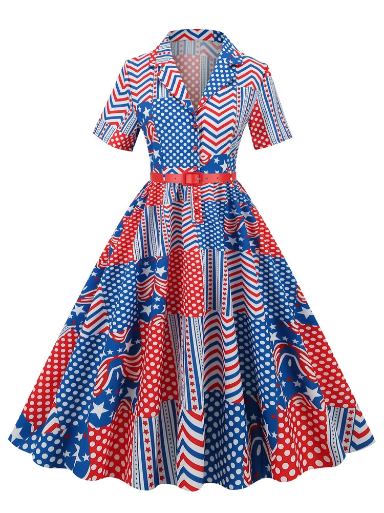 Tonval Notched Collar Button Up Star Print Summer Dress 2023 Women Short Sleeve Belted 50s 60s Pinup A-Line Vintage Dresses