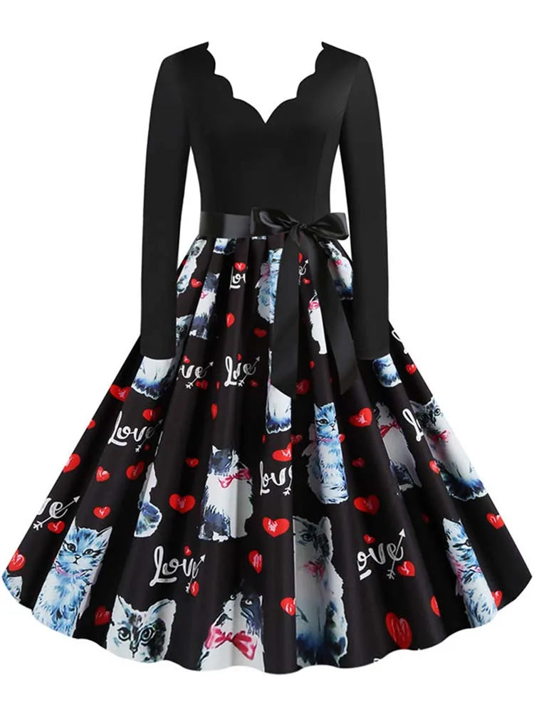 Women Long Sleeve Winter Vintage Dresses Sexy Black Music Note Print V-neck Rockabilly Pin up Party Dress Vestidos Plus size
