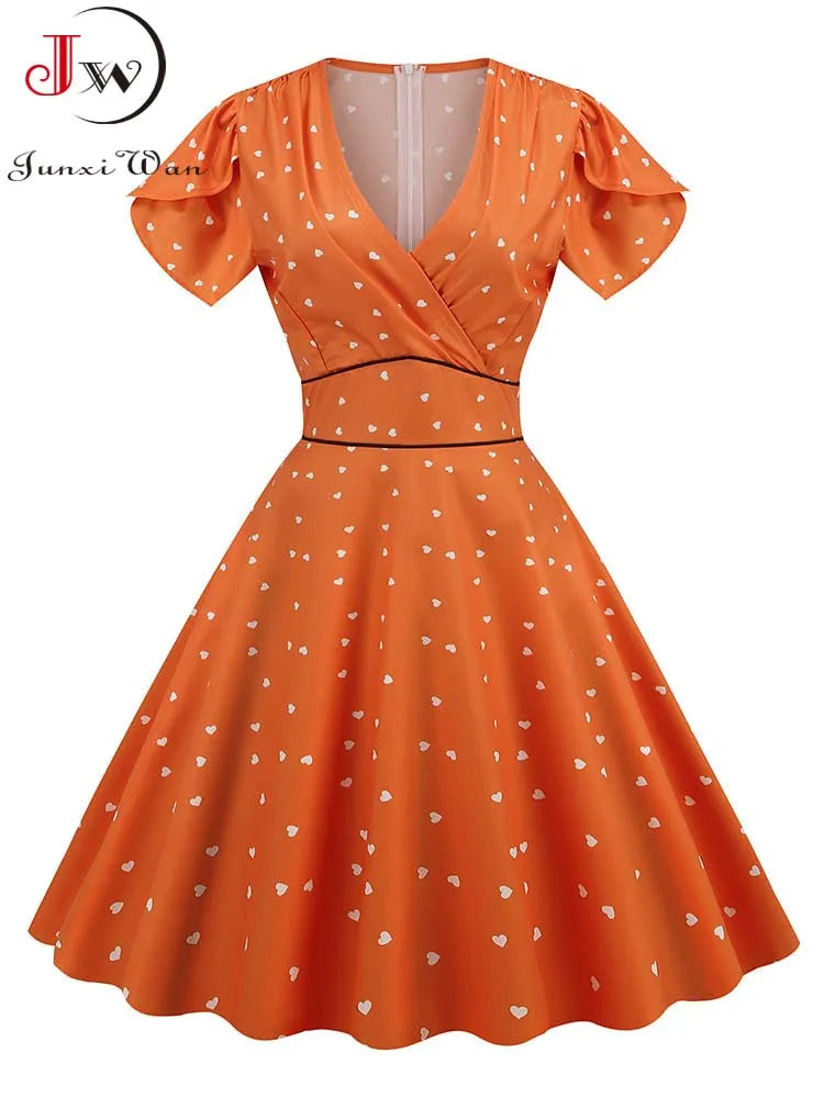 Print Summer Women Vintage Dress Retro Pin UP Casual Party Robe 60s 50s Swing Sundress Short Sleeve V Neck Midi Vestidos