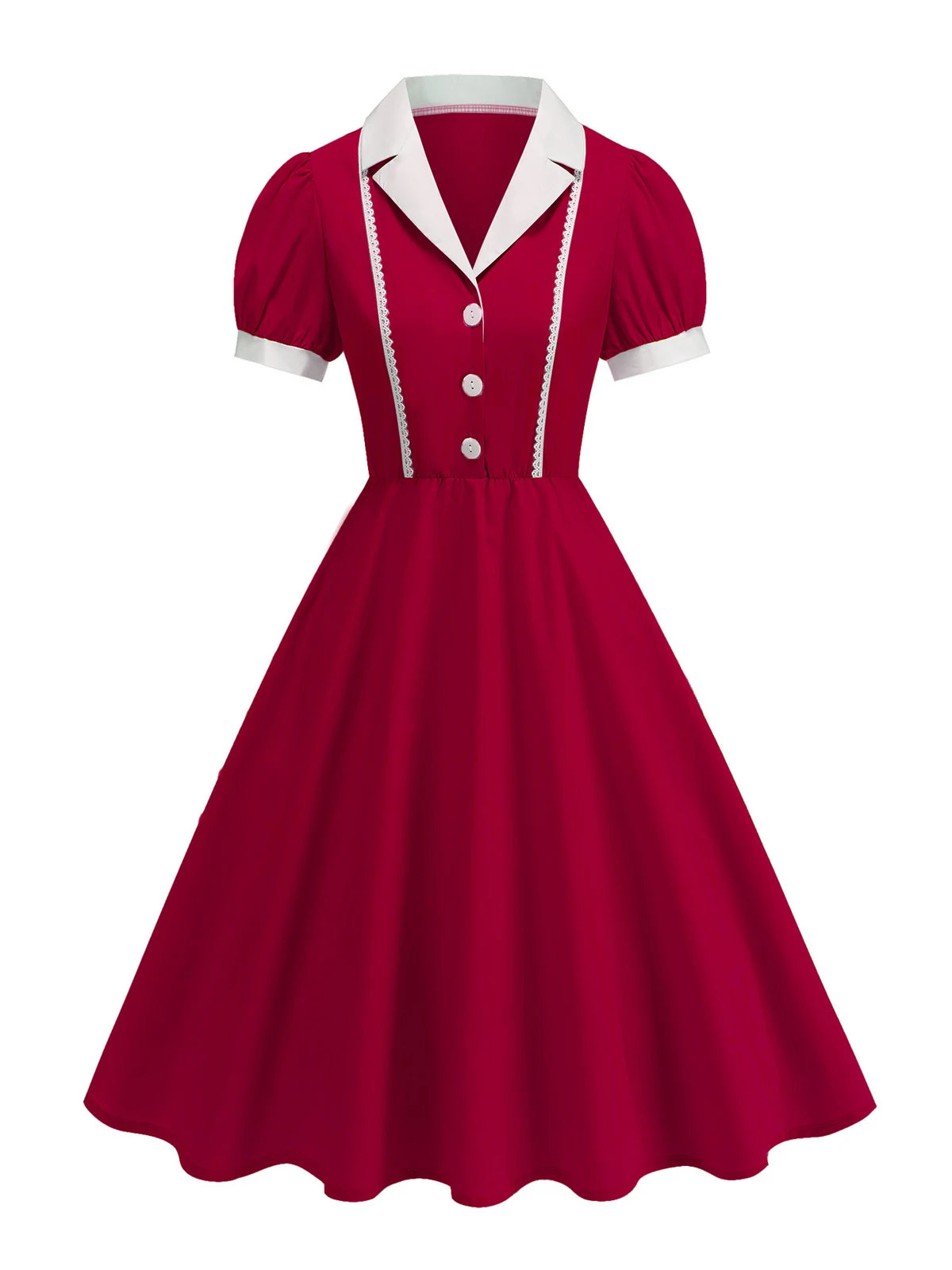 Tonval Notched Collar Puff Sleeve 1950s Pinup Vintage Dress Buttons Front Women 2026 Summer Clothes Lace Detail Swing Dresses