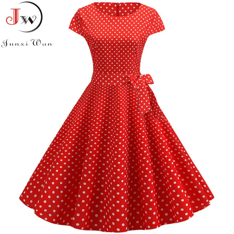 Summer Polka Dot Dress Women Elegant Short Sleeve A-Line Midi Party Dress Sundress Robe Rockabilly Vestidos