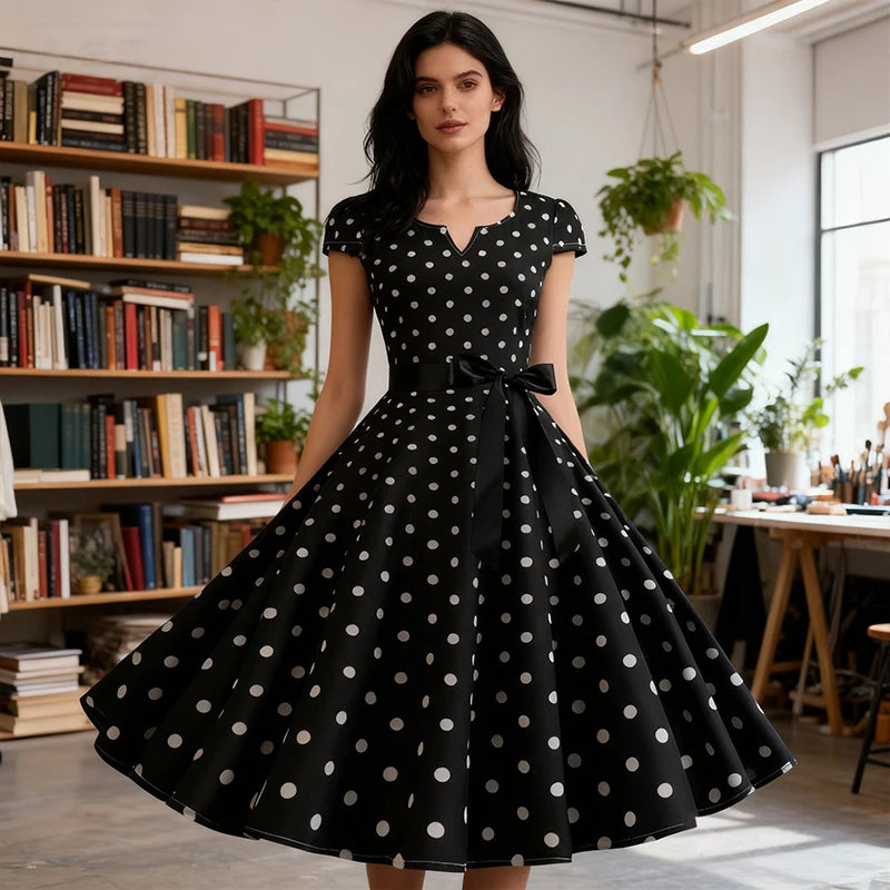 Women Vintage 1950s 60s  Polka Dot Big Swing Dress Aesthetic Bowknot Sash Belt Gown Pinup Rockabilly Party Sundress Elegant Robe
