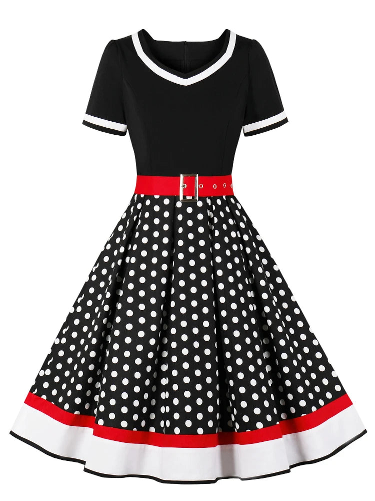 2024 New Vintage Polka Dot Print Dress Retro Rockabilly Robe Femme Women V-Neck A-Lined Swing Hepburn Pin Up 50s Party Vestidos
