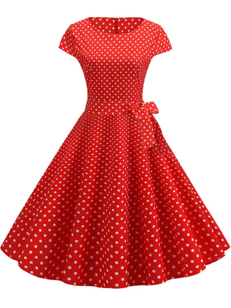 Summer Polka Dot Dress Women Elegant Short Sleeve A-Line Midi Party Dress Sundress Robe Rockabilly Vestidos