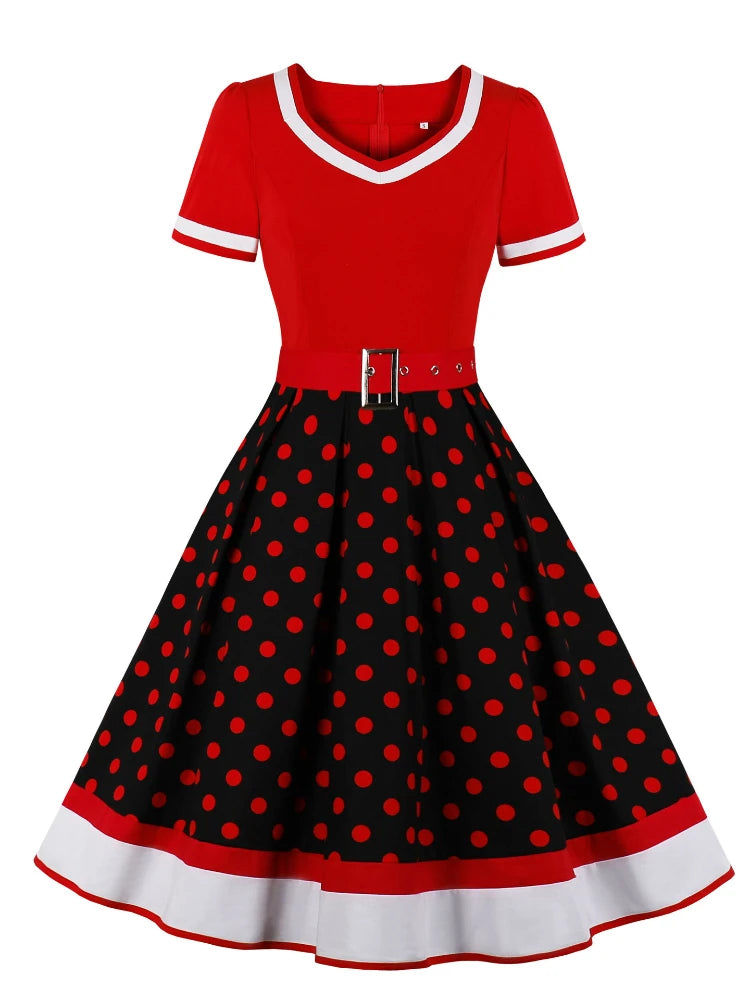 2024 New Vintage Polka Dot Print Dress Retro Rockabilly Robe Femme Women V-Neck A-Lined Swing Hepburn Pin Up 50s Party Vestidos