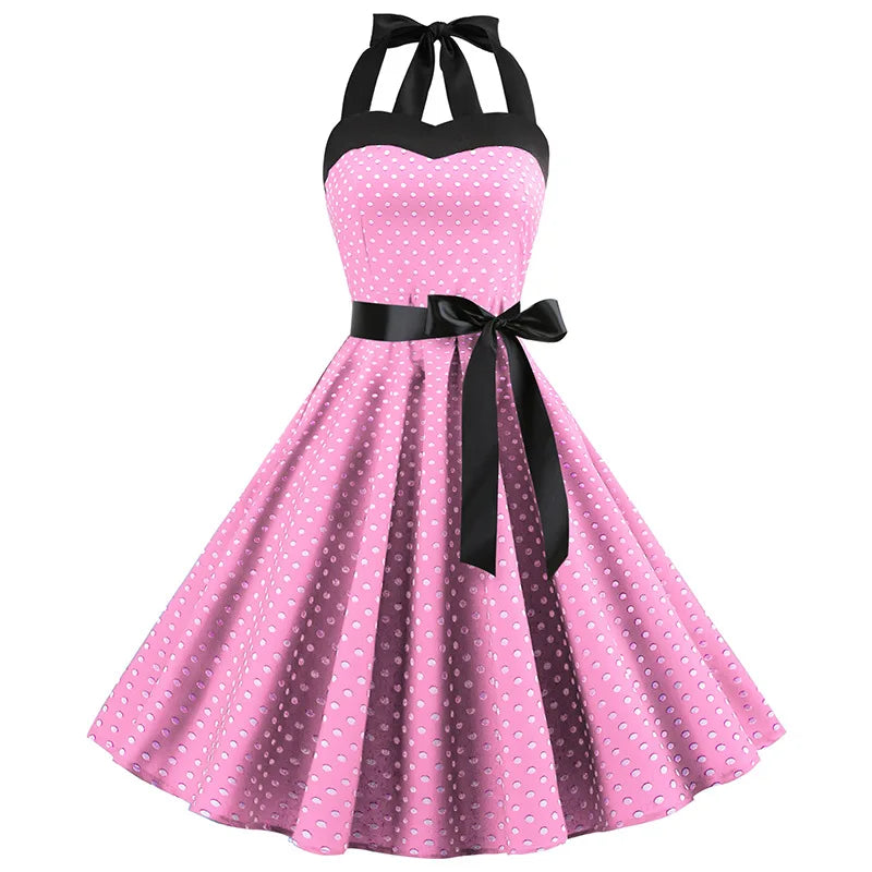 2025 New Spring Summer Sexy Retro White Polka Dot Dress Hepburn Women Vintage Halter Party Dresses 1950s Pin Up Rockabilly Robe