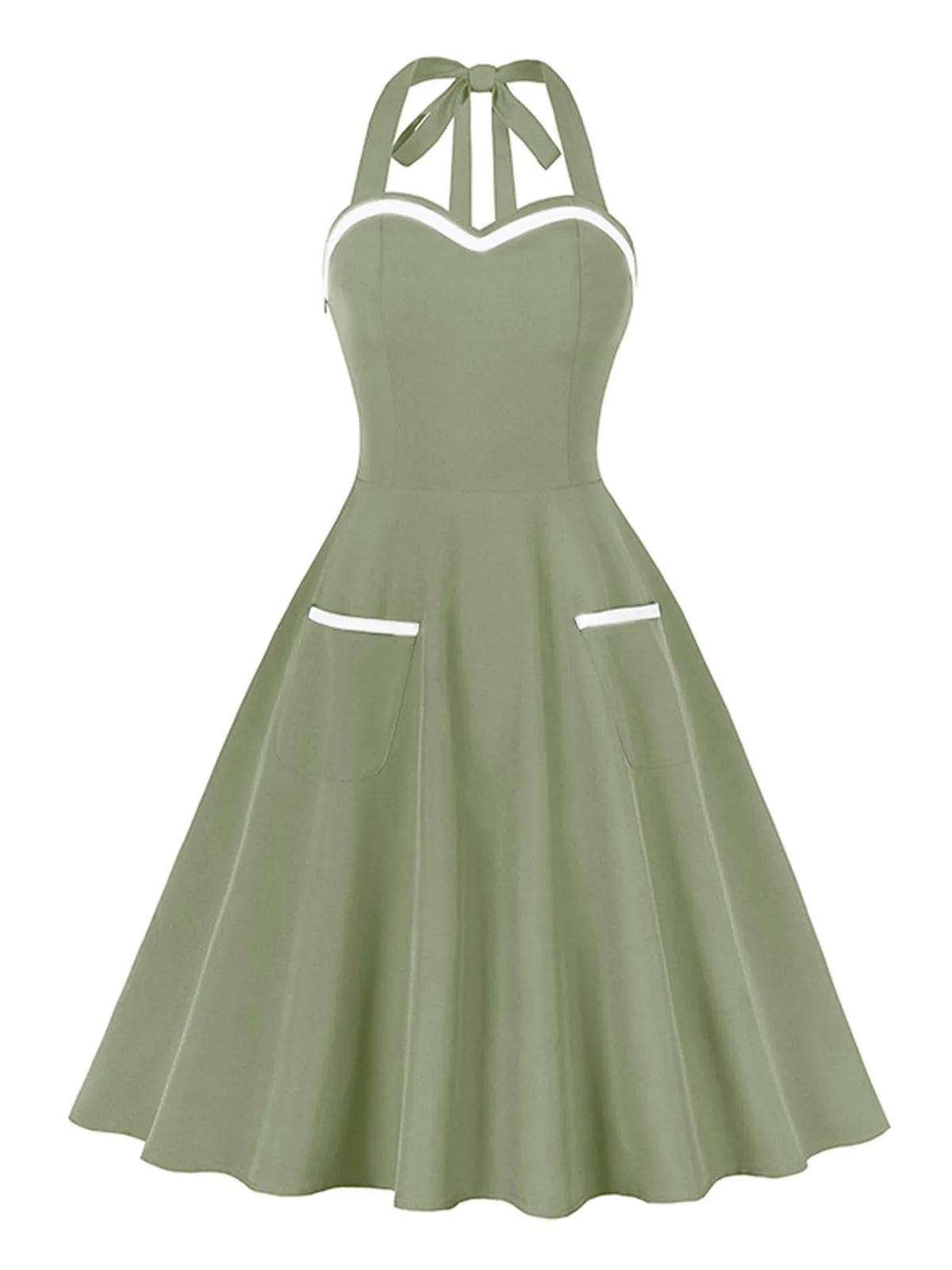 Tonval Halter Neck 50s Retro Pinup Clothing Green Dresses for Women Backless Cocktail Party Pockets Front Vintage Flare Dress