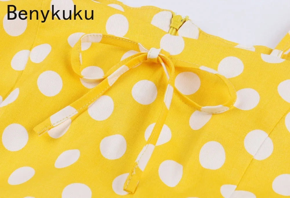 Polka Dot Vintage 1950s Yellow Dress Plus Size 4xl Women Summer Elegant Strap Pin up 60s Tunic Summer Rockabilly Cotton Dresses