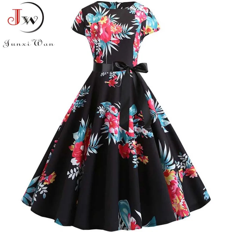 Women Floral Print Summer Dress 50s 60s Vintage Dress Female Short Sleeve Retro Robe Rockabilly Party Dresses Vestidos
