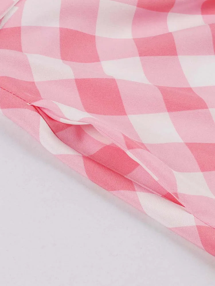 Summer Midi Skirt Women Elegant Vintage 50s 60s Pink Plaid Printed Pinup Rockabilly Skirts