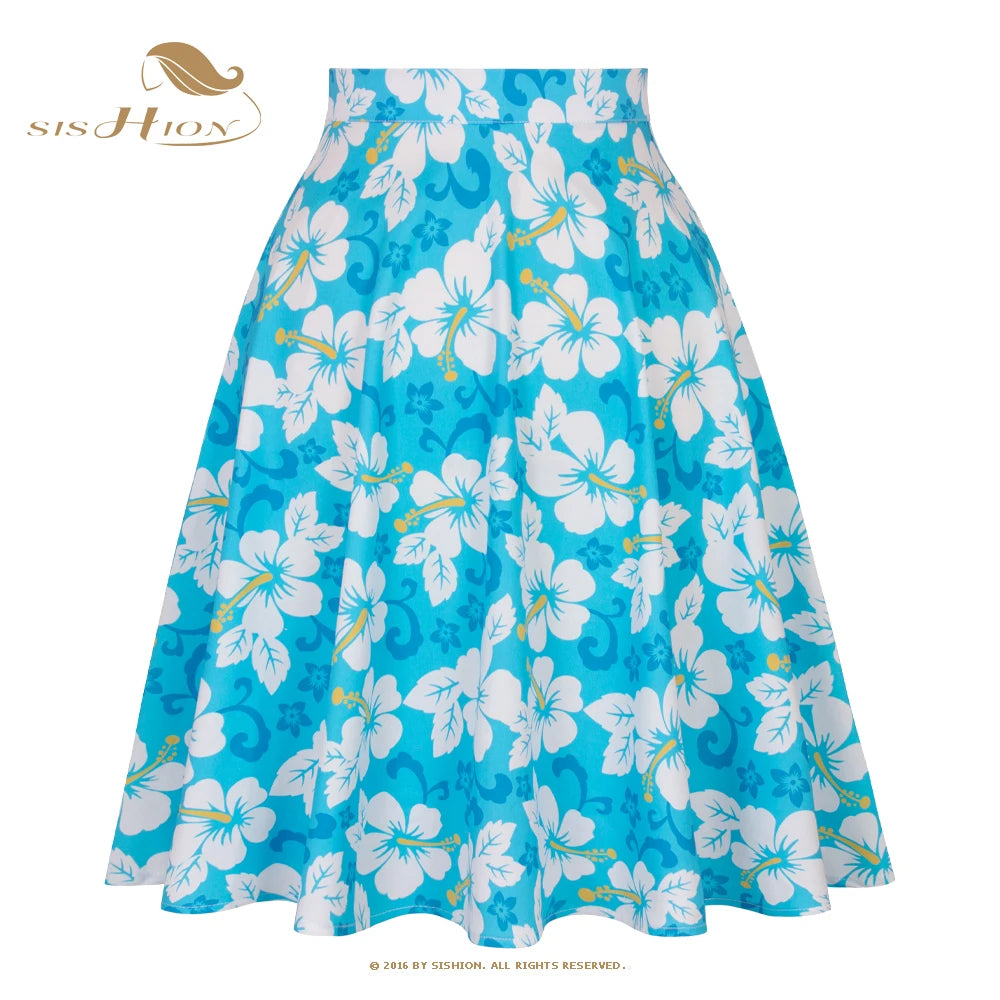 SISHION High Waist Blue Flower Printed Floral Skirt VD0020 Cotton A Line Pin Up 1950s 60s Rockabilly Vintage Skirts