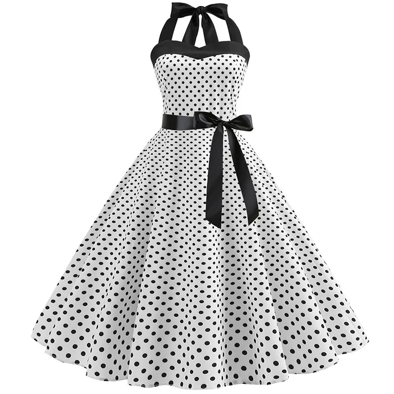 2025 New Spring Summer Sexy Retro White Polka Dot Dress Hepburn Women Vintage Halter Party Dresses 1950s Pin Up Rockabilly Robe