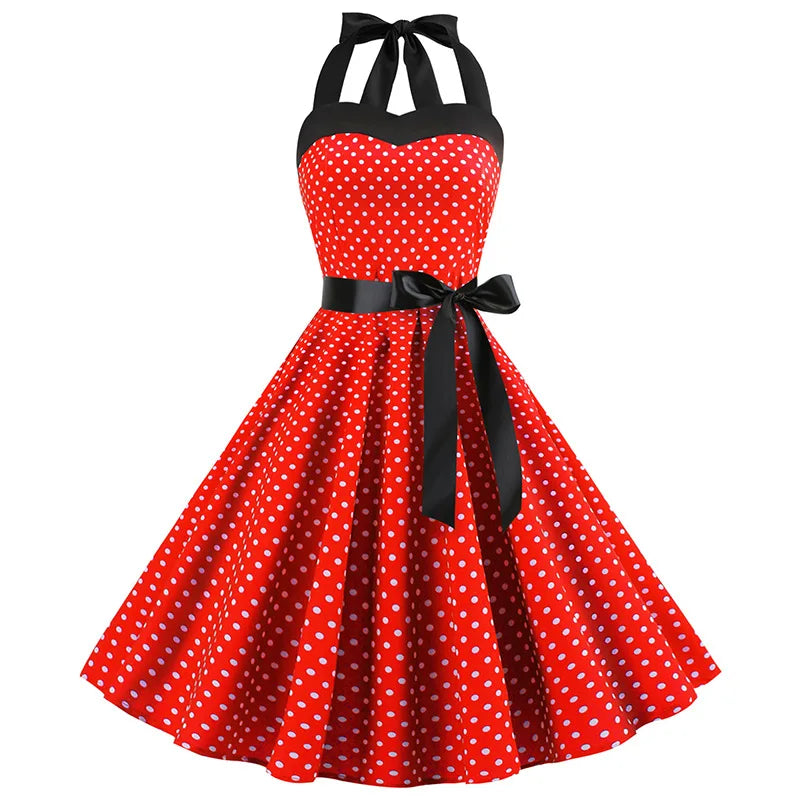 2025 New Spring Summer Sexy Retro White Polka Dot Dress Hepburn Women Vintage Halter Party Dresses 1950s Pin Up Rockabilly Robe