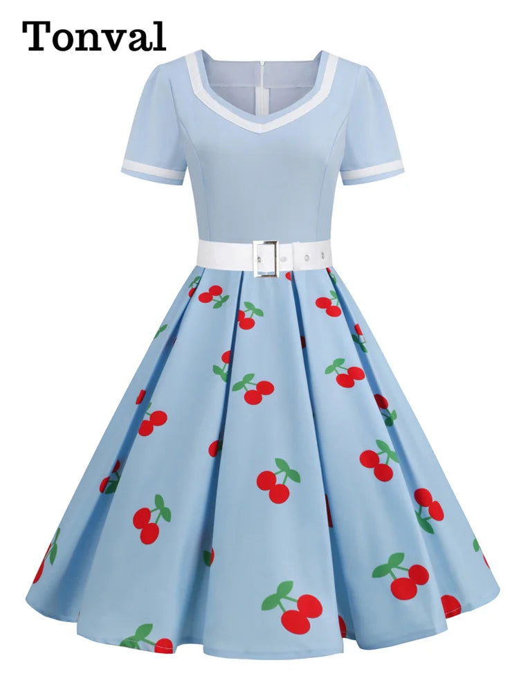 Tonval Pink V-Neck Short Sleeve Pleated Vintage Strawberry Dress with Belt for Women 50s Pinup Robe Evening Summer Dresses 2024